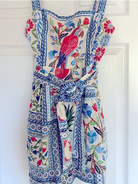 FARM Rio Pants - FARM Rio Cream Romper with Blue and Pink Tropical Parrot Print